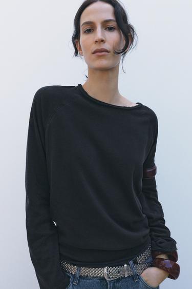 T-SHIRT EN COTON FLAMÉ EFFET DÉLAVÉ - Noir de Zara