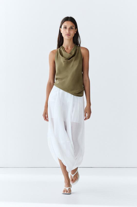Top à encolure américaine drapée - Vert moyen de Zara - Image 0