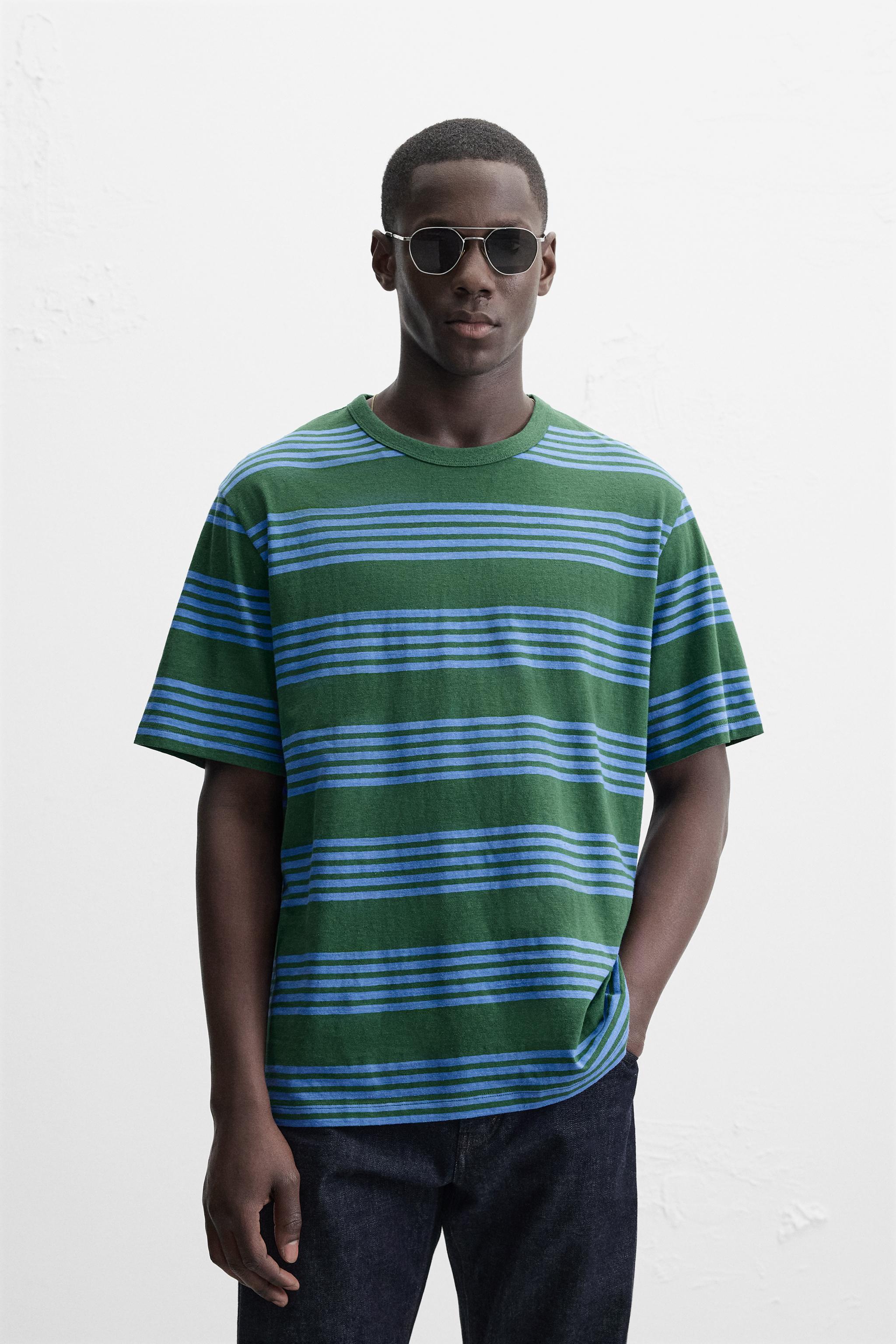 【フリーサイズ】masterkey ストライプ Tシャツ ネイビー/グリーン ジャカードストライプTシャツ - ダークグリーン | ZARA Japan / 日本