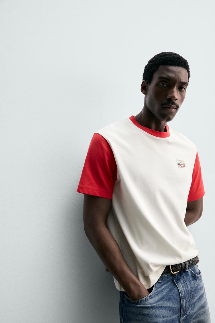 ZARA COLOUR BLOCK T-SHIRT WITH CONTRAST PATCH
