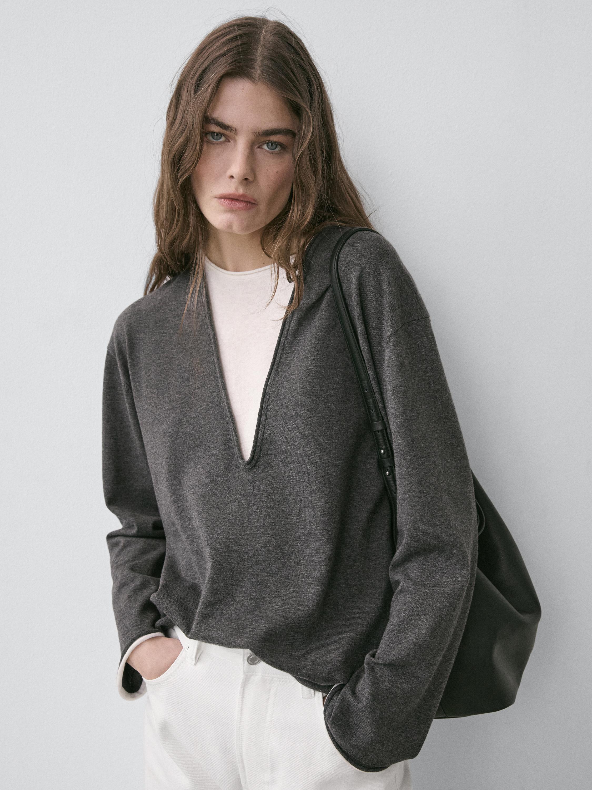 Cotton blend knit sweater with contrast fabric — Anthracite Gray