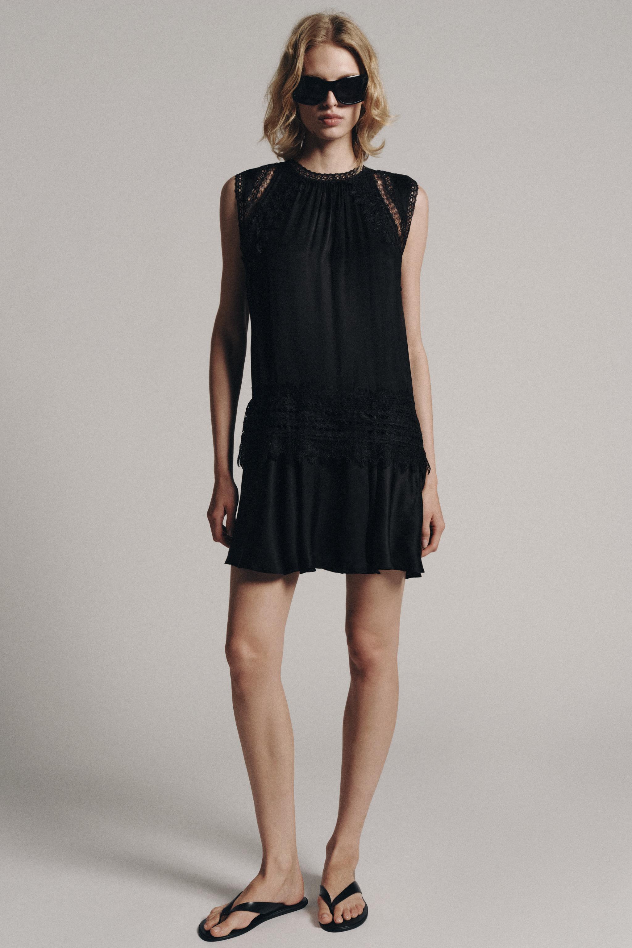 black ruffle dress zara Balloon Sleeve Collar Button Mini Fit & Flare A-Line Brie Ruching detail at the chest LACE TRIM RUFFLED STRAPPY DRESS