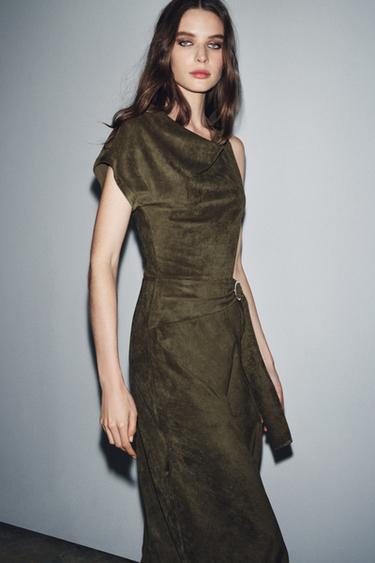 Zara ASYMMETRICAL FAUX SUEDE DRESS - Khaki