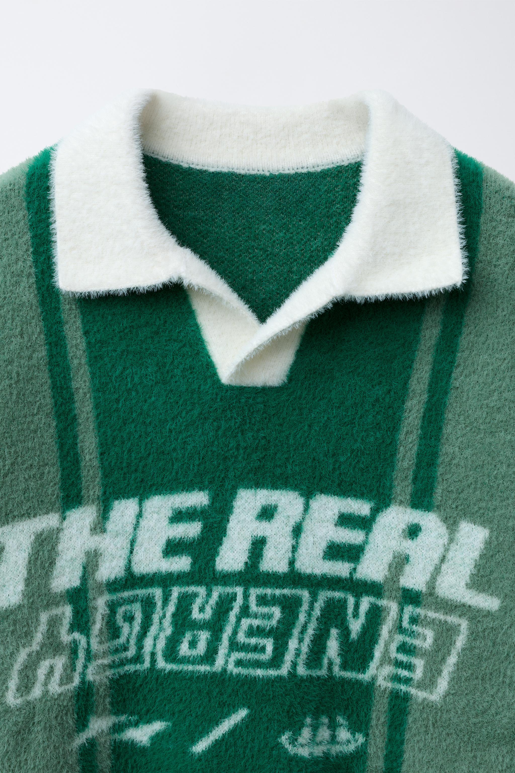 FAUX FUR KNIT POLO SWEATER WITH TEXT