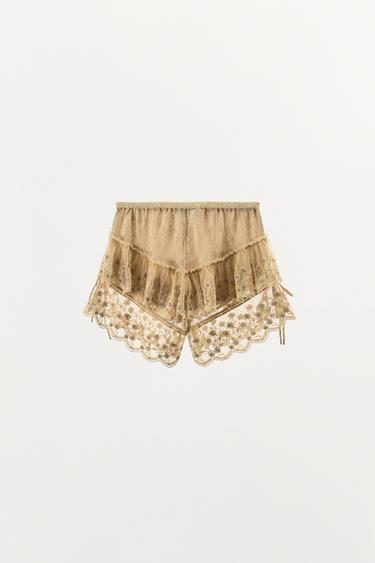 SHORT À VOLANTS BRODÉS - Beige rosé de Zara - Image 5