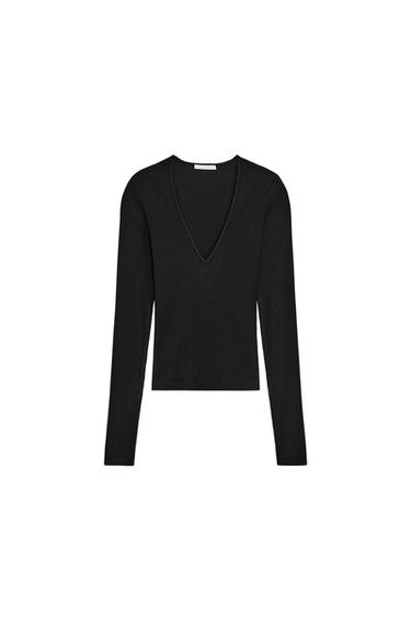 LONG SLEEVE RIBBED TOP - Black by Zara