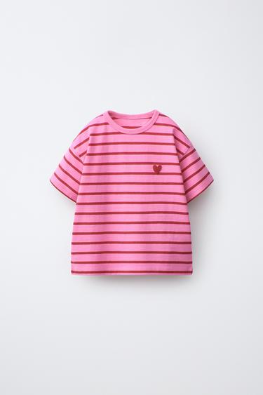 GESTREIFTES T-SHIRT MIT GESTICKTEM HERZ - Rosa von Zara