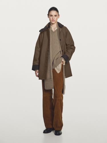 Zara Waxed high neck parka with corduroy detail - Khaki