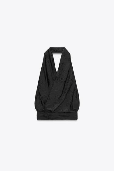 Zara ZW COLLECTION FLORAL JACQUARD HALTER TOP - Black