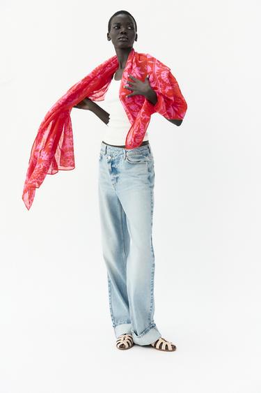 PRINTED SCARF WITH LINEN BLEND - Red / Coral by Zara - Image 0