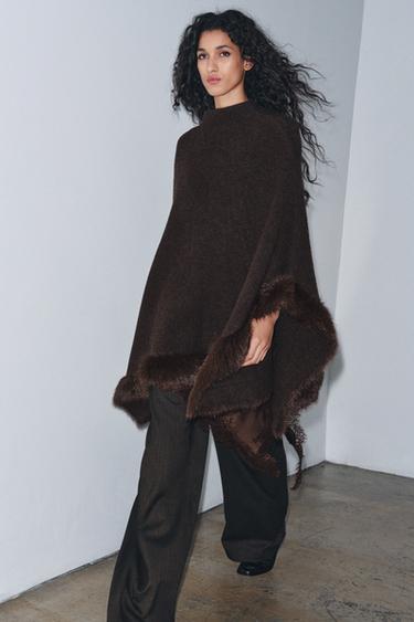 FAUX FUR KNIT PONCHO CAPE - Dark mink by Zara