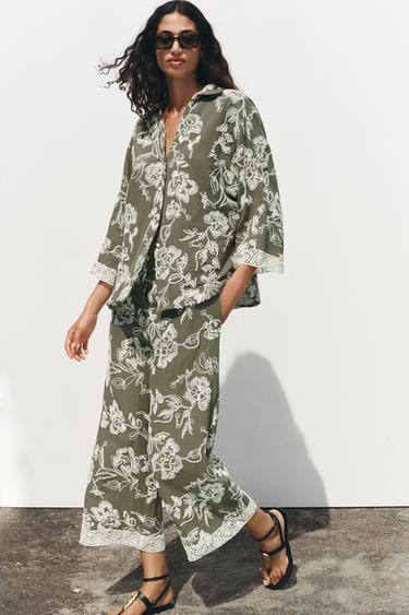 EMBROIDERED SHIRT WITH GUIPURE SLEEVES - ecru/khaki by Zara - Image 3