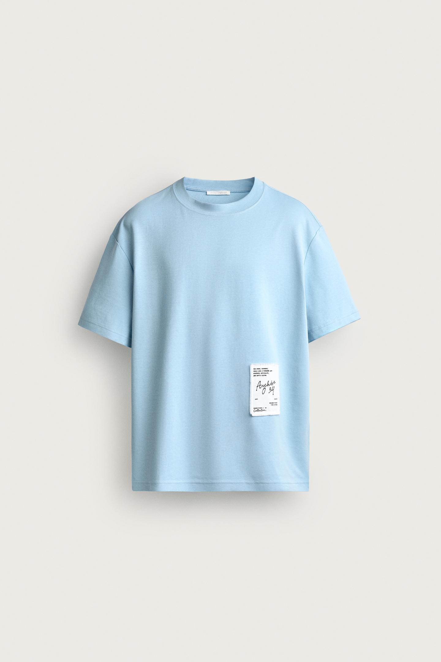 Мужская футболка Zara Relaxed Fit Contrast Patch, цвет: Светлый синий — фото 6