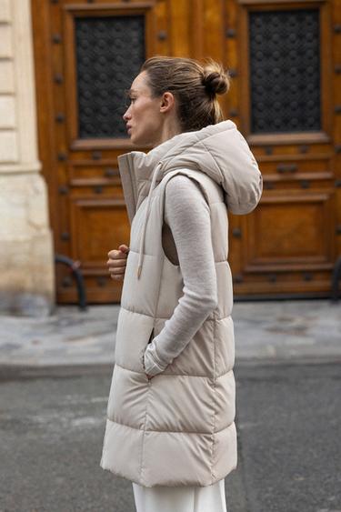 LONG QUILTED GILET WITH HOOD - Ecru by Zara - Image 3