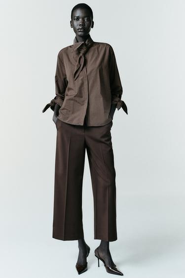 Zara HIGH-WAISTED STRAIGHT LEG PANTS - Brown