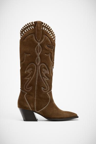 Zara LEATHER EMBROIDERED BOOTS - Brown