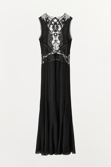 EMBROIDERED BEADED GODET DRESS - Black by Zara - Image 4