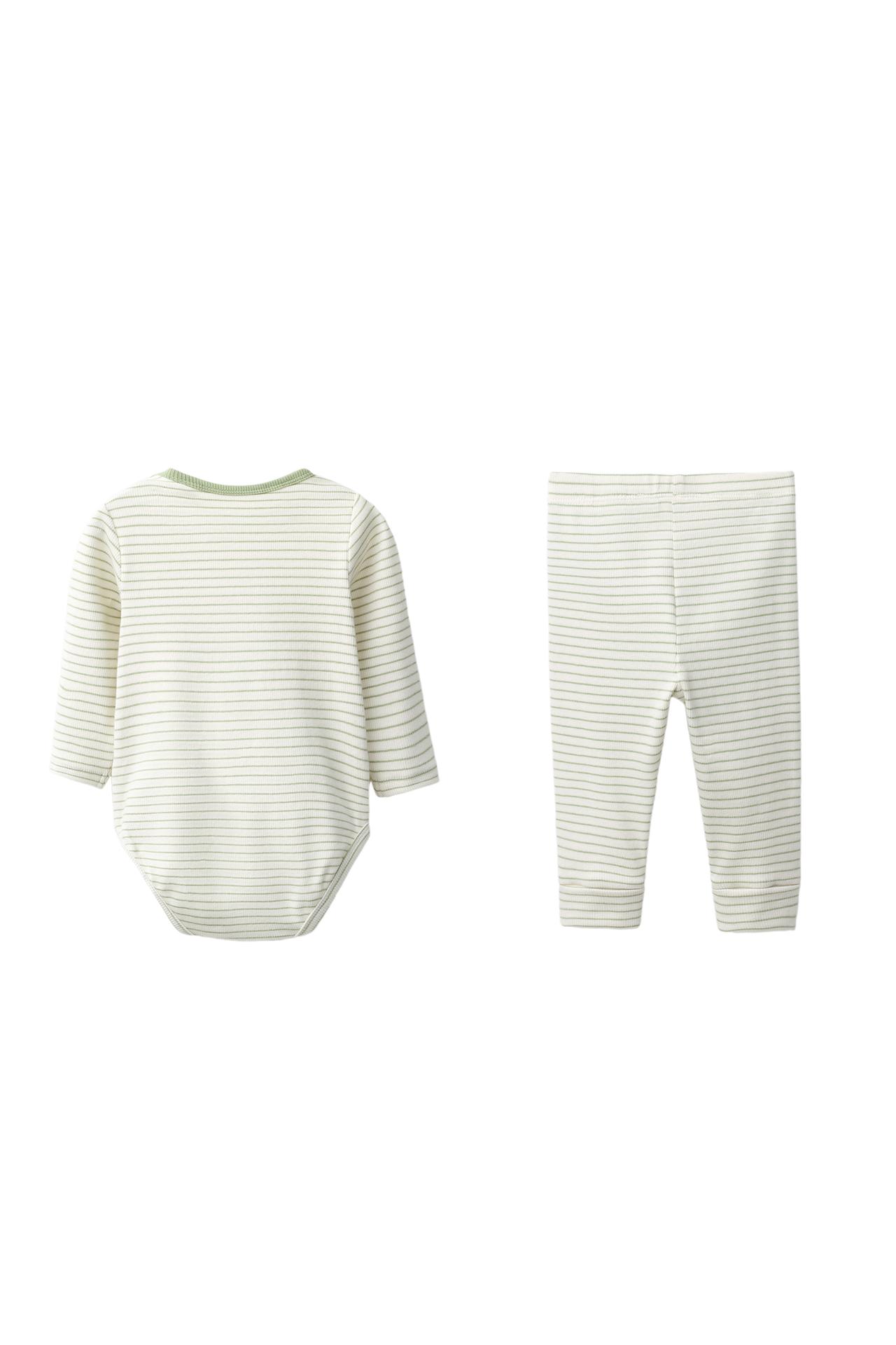 STRIPED EMBROIDERED BODYSUIT AND LEGGINGS SET — Light green
