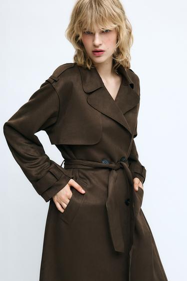 LONG FAUX SUEDE BELTED TRENCH COAT - Light khaki by Zara