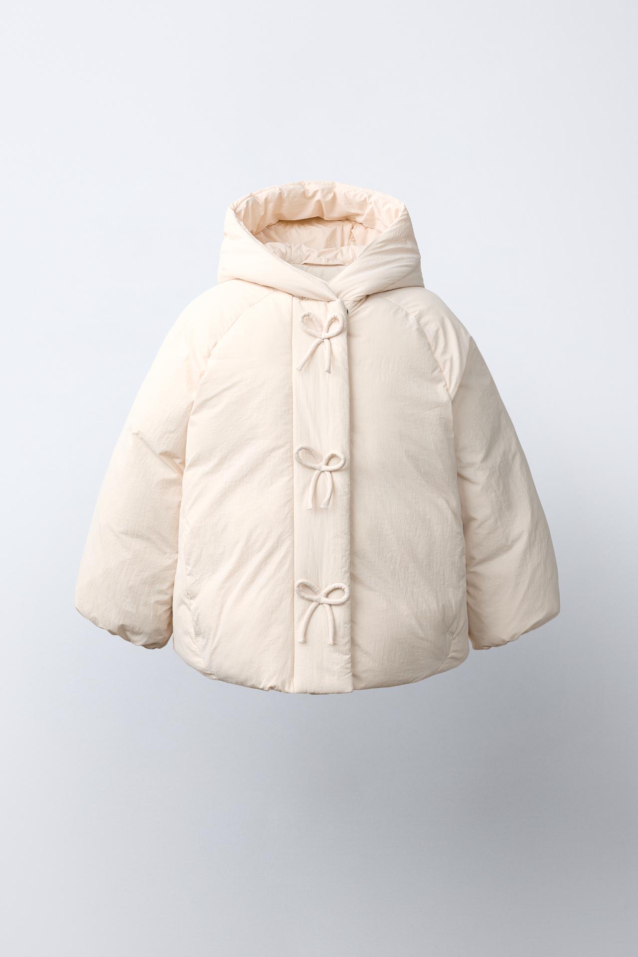 WATER REPELLENT BOW PUFFER COAT — Ecru