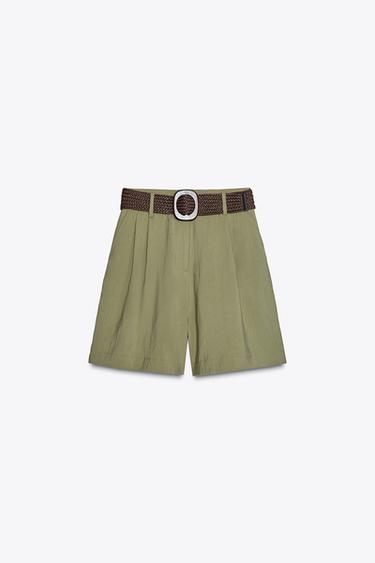 Zara PLEATED BELT SHORTS - Khaki - Image 0