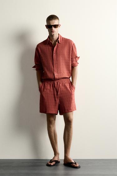 LINEN/COTTON CHECKED JACQUARD RELAXED FIT SHIRT - Brick by Zara