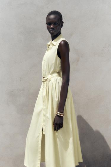 ROBE MIDI EN POPELINE CEINTURE - Jaune de Zara - Image 4