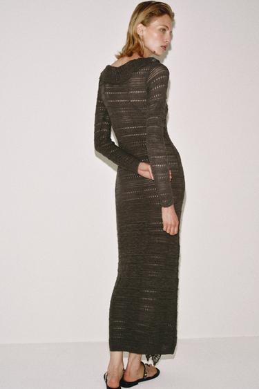 ROBE EN MAILLE POINTELLE À VOLANTS - Marron / Taupe de Zara - Image 3
