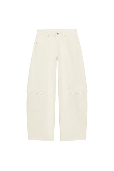 TRF OVERSIZE CARGO MID-WAIST JEANS - Ecru by Zara