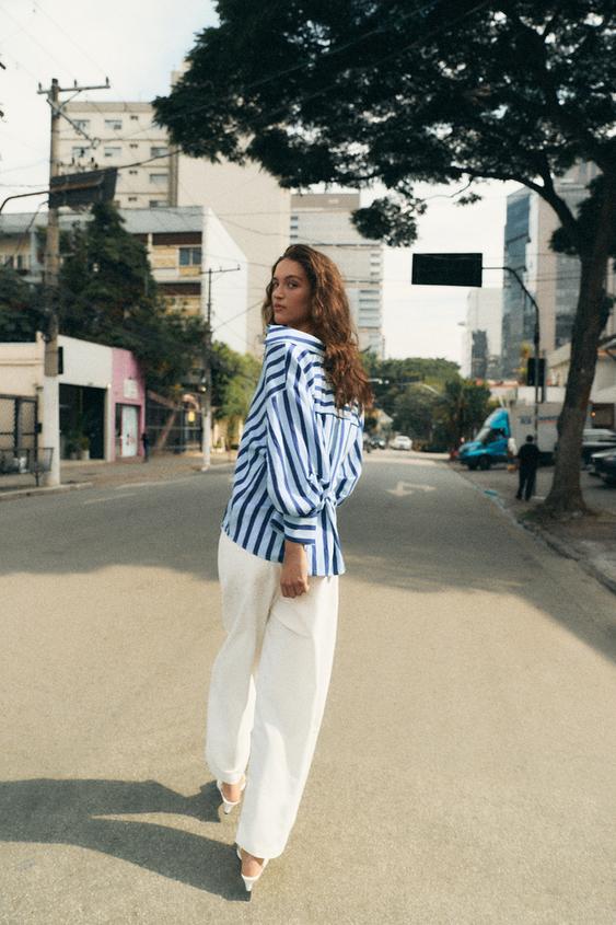 CAMISA RAYAS ABULLONADA - Celeste de Zara - Imagen 0
