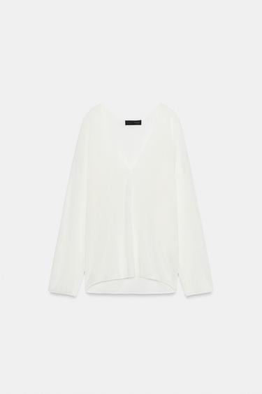 FINE KNIT V-NECK JUMPER - ecru-white by Zara