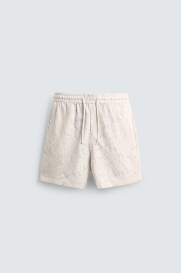 Zara TEXTURED JACQUARD SHORTS - Ecru