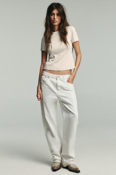 Zara TRF SLOUCHY BELTED MID-RISE JEANS - White