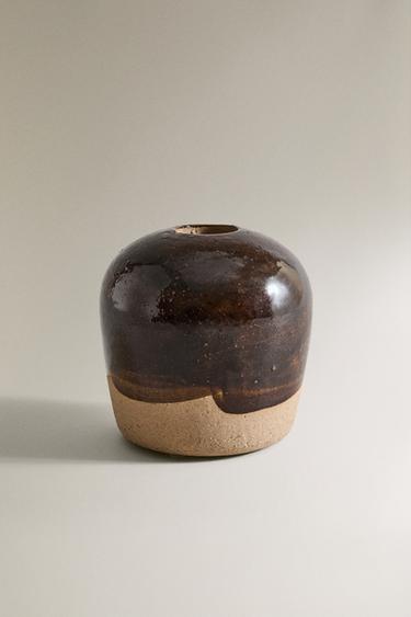 SMALL ROUND STONEWARE VASE - Khaki by Zara