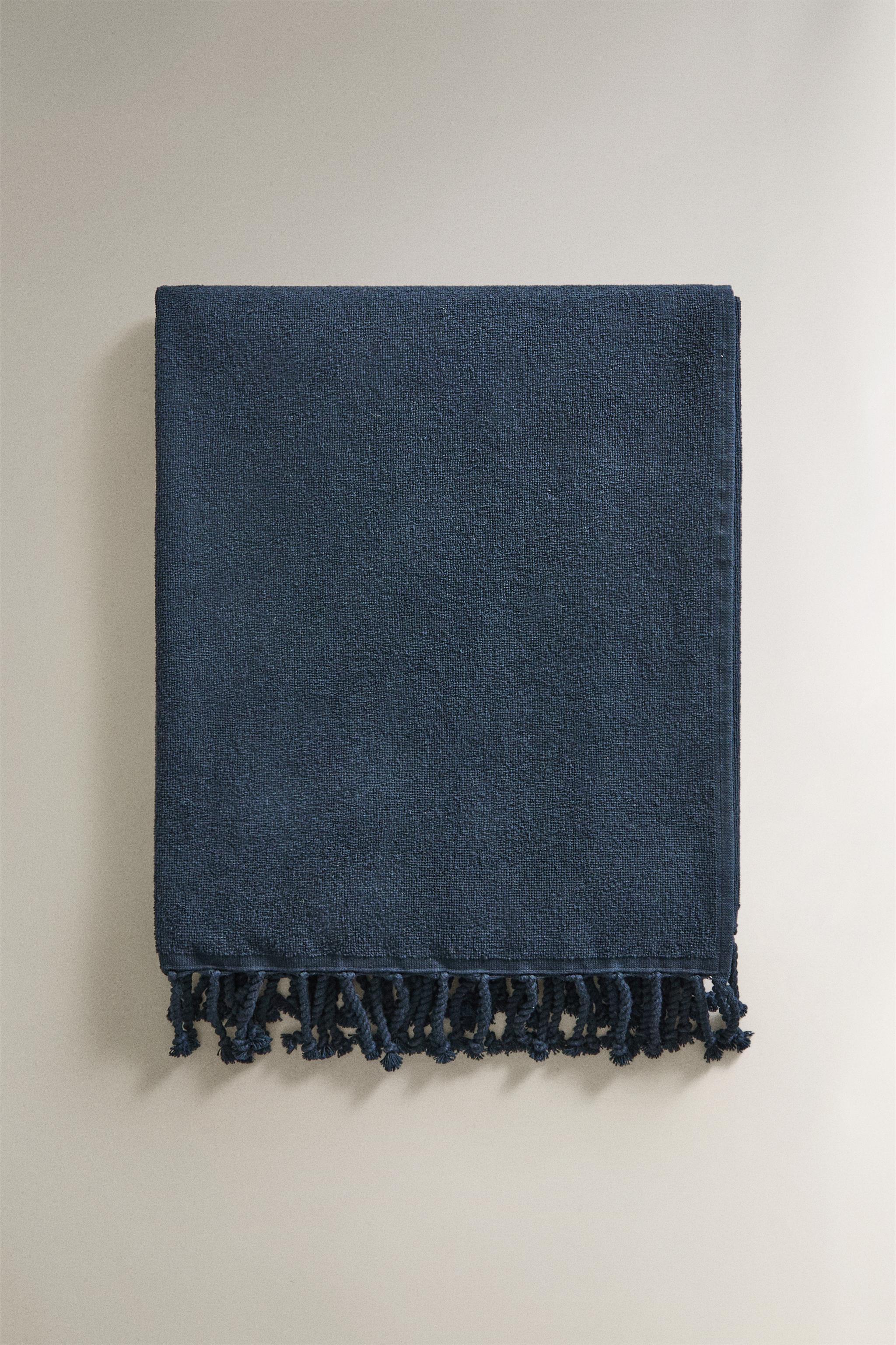 COTTON BEACH TOWEL WITH FRINGE — Navy blue