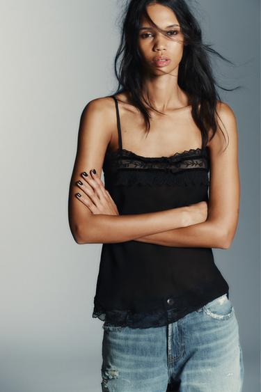 TOP GEORGETTE COMBINADO LAZOS - Negro de Zara