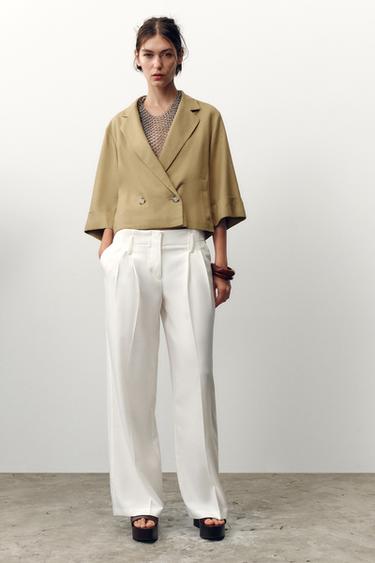 CROPPED DOUBLE-BREASTED LINEN BLEND BLAZER - Oil by Zara