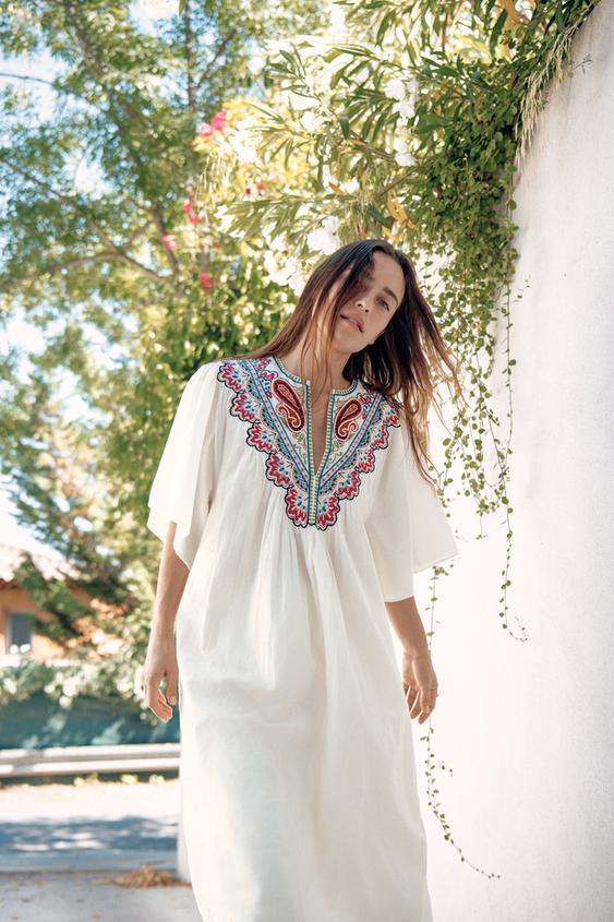 zara voluminous embroidered dress Zara - Zw Collection Embroidered Midi Dress - Oyster-White - L