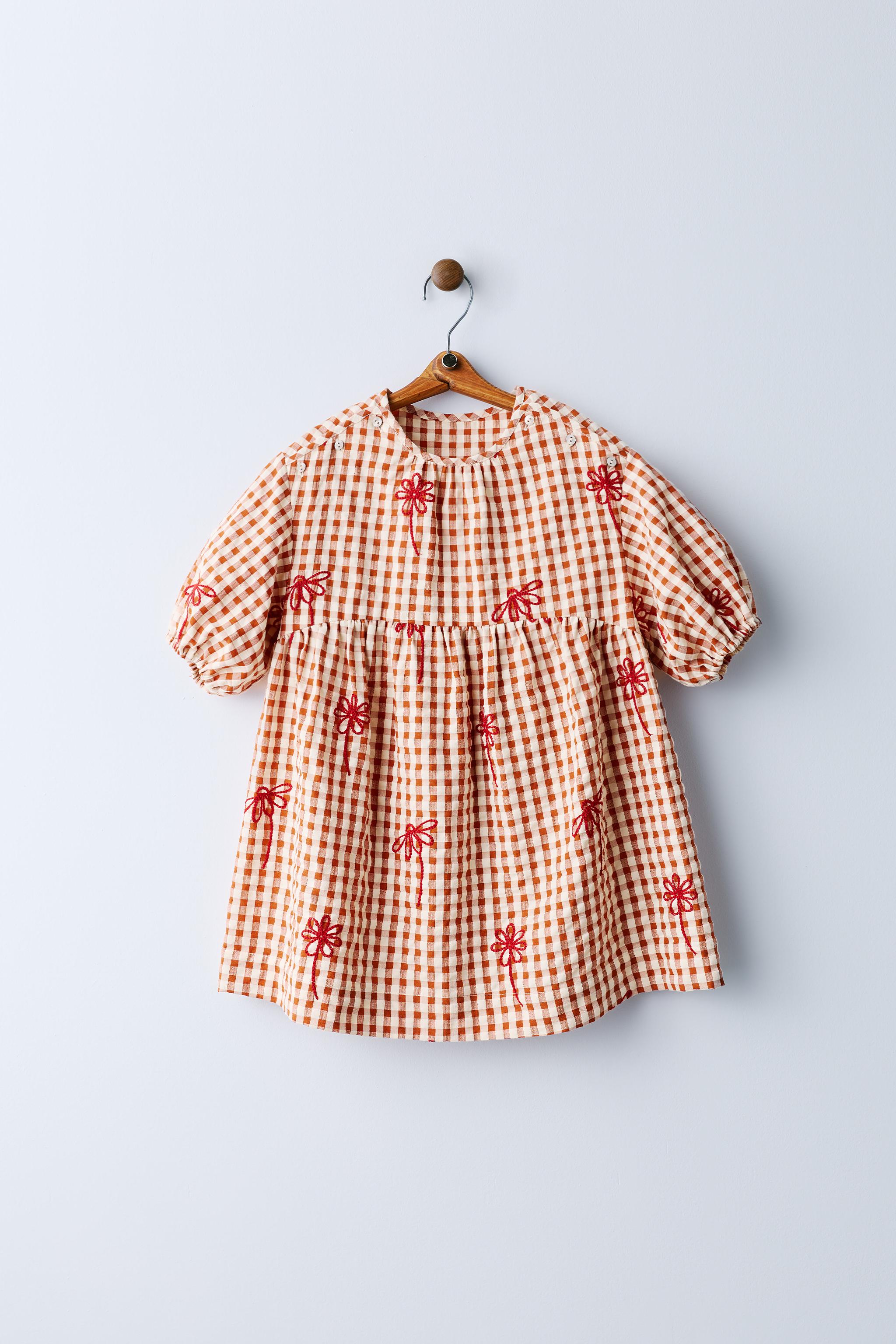 PLAID EMBROIDERED FLORAL DRESS — Brick