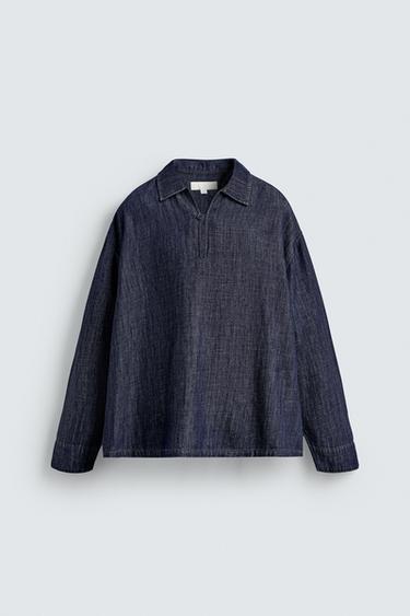 Zara COTTON-LINEN DENIM SHIRT - Mid-blue