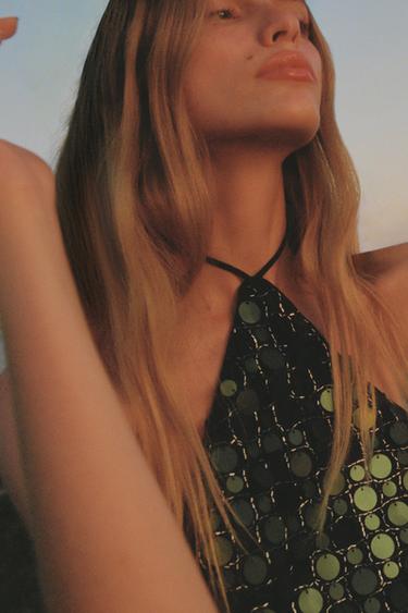 Zara SEQUIN HALTER TOP - Dark green