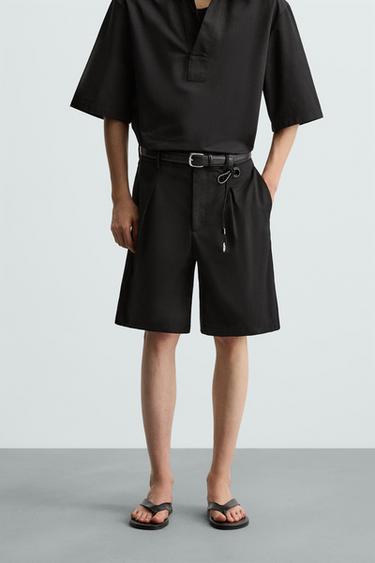 PLEATED COTTON/LINEN BERMUDA SHORTS - Black by Zara