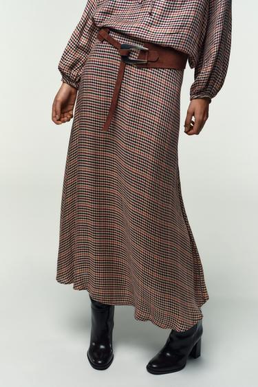JUPE À CARREAUX AVEC CEINTURE - Marron / Écru de Zara - Image 1