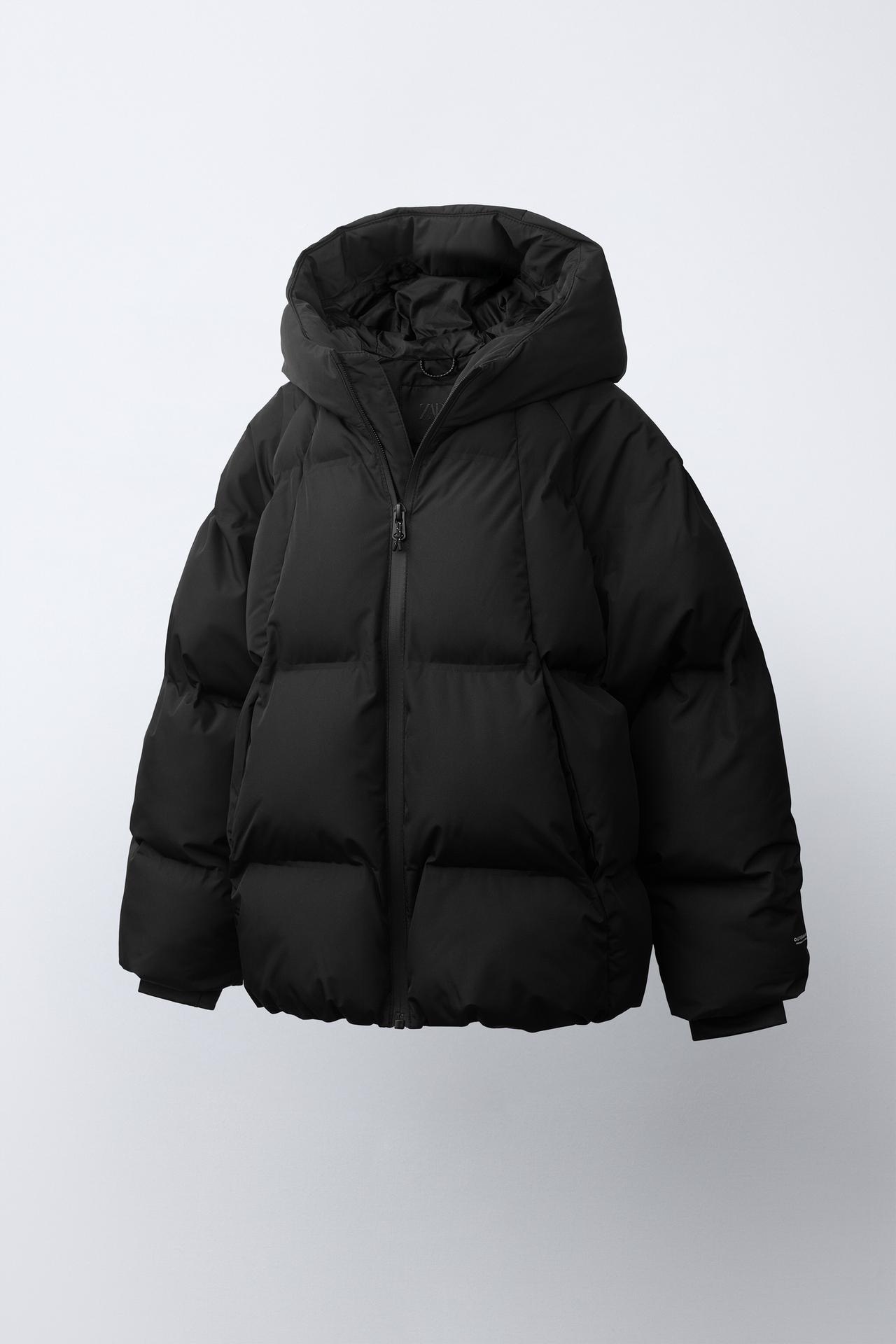 WATER REPELLENT PUFFER HOODIE JACKET — Black