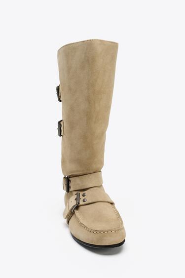 SPLIT SUEDE BUCKLED BOOTS - Sand Brown by Zara - Image 2