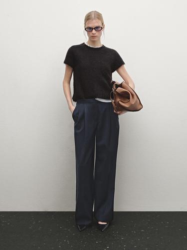 Zara Short sleeve knit alpaca blend sweater - Brown / White - Image 0