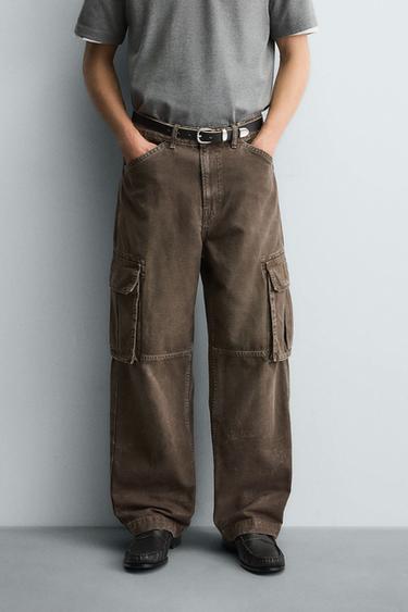 Zara STRAIGHT FIT CARGO JEANS - Brown