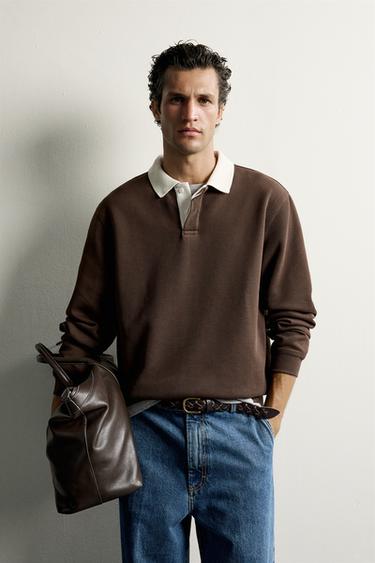 RELAXED FIT CONTRAST PIQUÉ POLO SHIRT - Brown by Zara