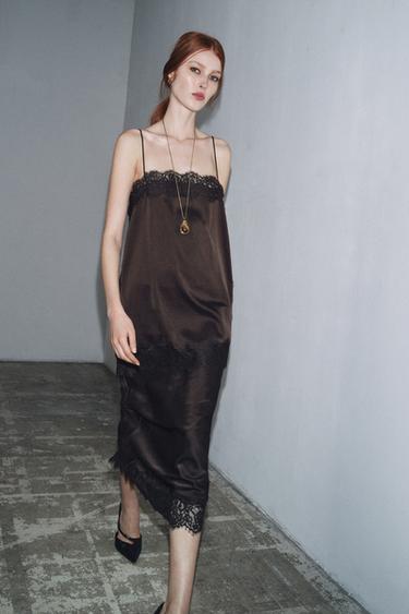 ZW COLLECTION SATIN LACE SKIRT - Dark brown by Zara