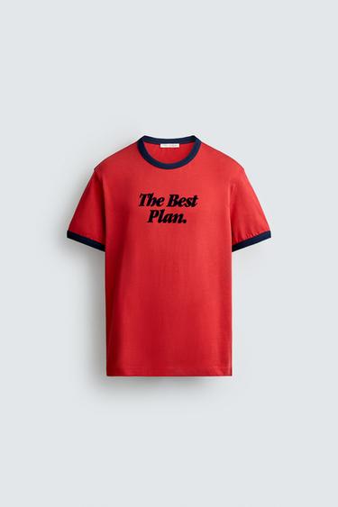 コントラストリブテキストTシャツレッドZaraのコントラストリブテキストTシャツ - レッド 